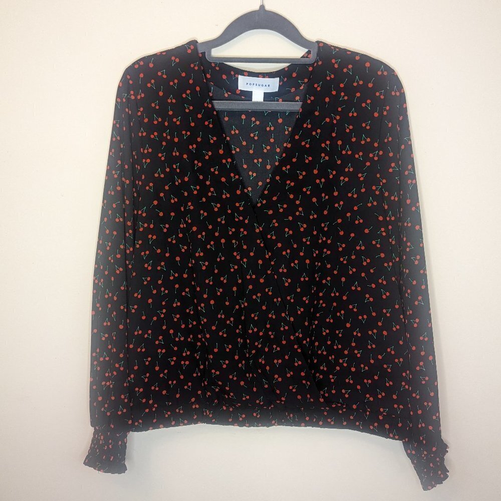 Popsugar black with cherries blouse crossover long sleeve women size Large